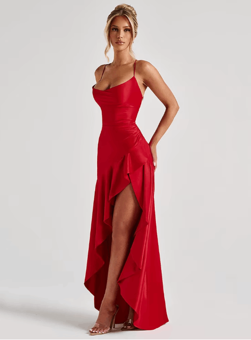 Robe Longue Satinée Dos Nu – Articat | Élégance Sexy Été 2025 – Fendue, Bretelles Spaghetti, Volants Cascade