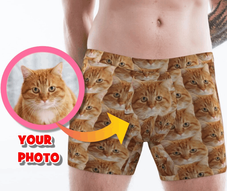 Personalized Cat Photo Men's Underwear, Custom Cat Dad Boxer Briefs, Wedding Anniversary Gift for Cat Owner, Customized Cat Father Boxers