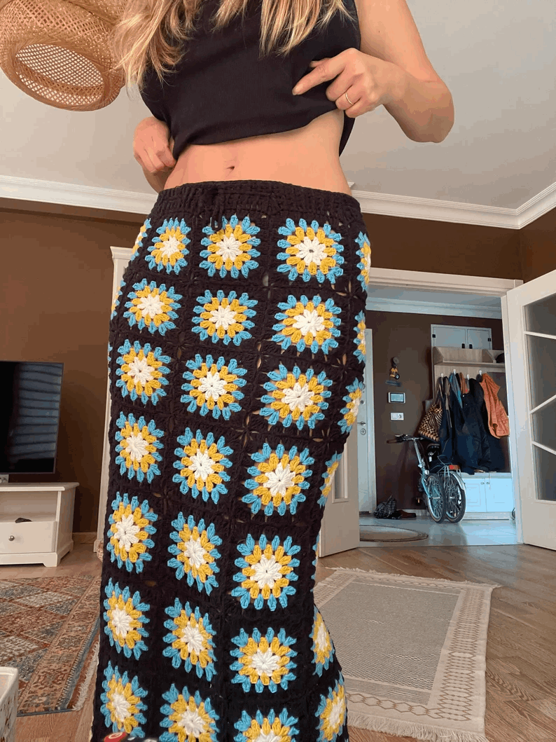 Jupe Longue en Crochet à Fleurs – Style Bohème Fait Main
