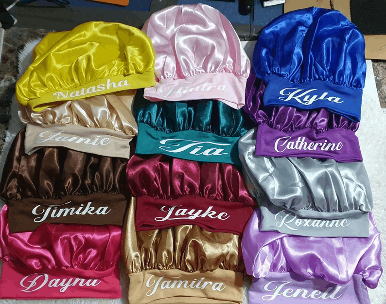 Personalised Large Adult Hair Bonnet Women Ladies Satin Hair Bonnet Sleep Hat Cap Night Silk Cap Head Wrap Personalised Name Satin Bonnet