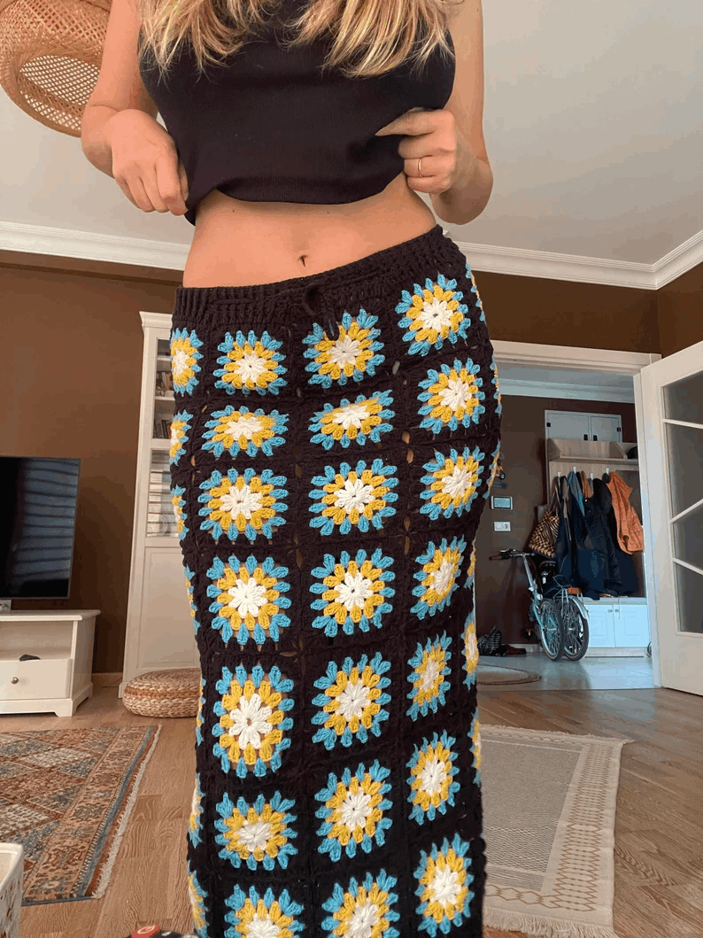 Jupe Longue en Crochet à Fleurs – Style Bohème Fait Main