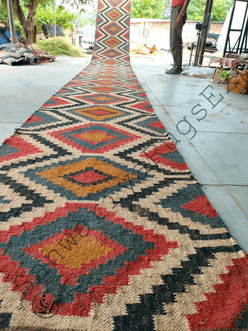 Kilim runner Handwoven Wool Jute Rug Handmade Kilim Dhurrie Rug, Motifs Oriental Traditional Indian Geometric Turkish Home decor