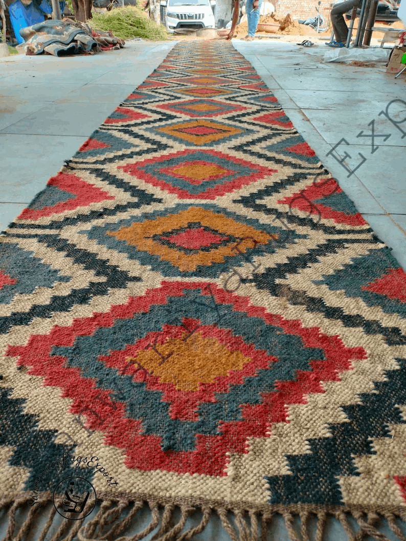 Kilim runner Handwoven Wool Jute Rug Handmade Kilim Dhurrie Rug, Motifs Oriental Traditional Indian Geometric Turkish Home decor