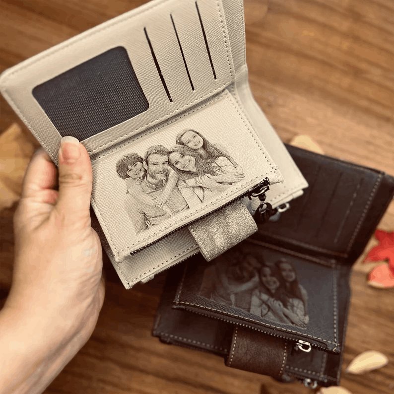Engraved Photo Purse for Women - Customized Vegan Leather Wallet - Zippered Clutch - Gift For Mother - Mother's Day Gift