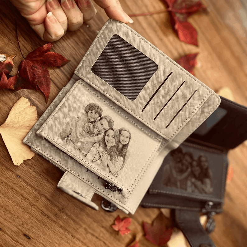 Engraved Photo Purse for Women - Customized Vegan Leather Wallet - Zippered Clutch - Gift For Mother - Mother's Day Gift