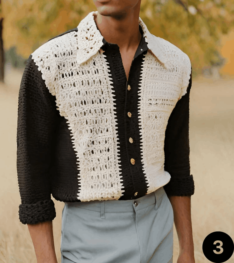 Chemise homme crochetée à la main – Manches longues unisexe style granny
