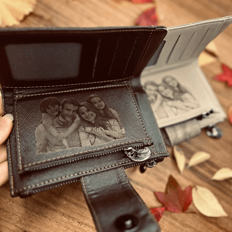Engraved Photo Purse for Women - Customized Vegan Leather Wallet - Zippered Clutch - Gift For Mother - Mother's Day Gift