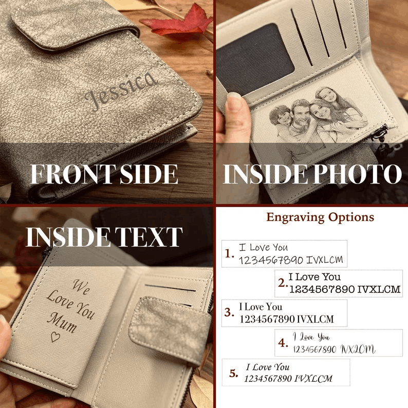 Engraved Photo Purse for Women - Customized Vegan Leather Wallet - Zippered Clutch - Gift For Mother - Mother's Day Gift
