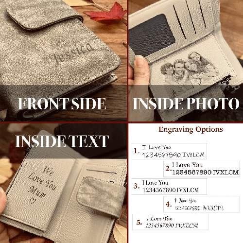Engraved Photo Purse for Women - Customized Vegan Leather Wallet - Zippered Clutch - Gift For Mother - Mother's Day Gift