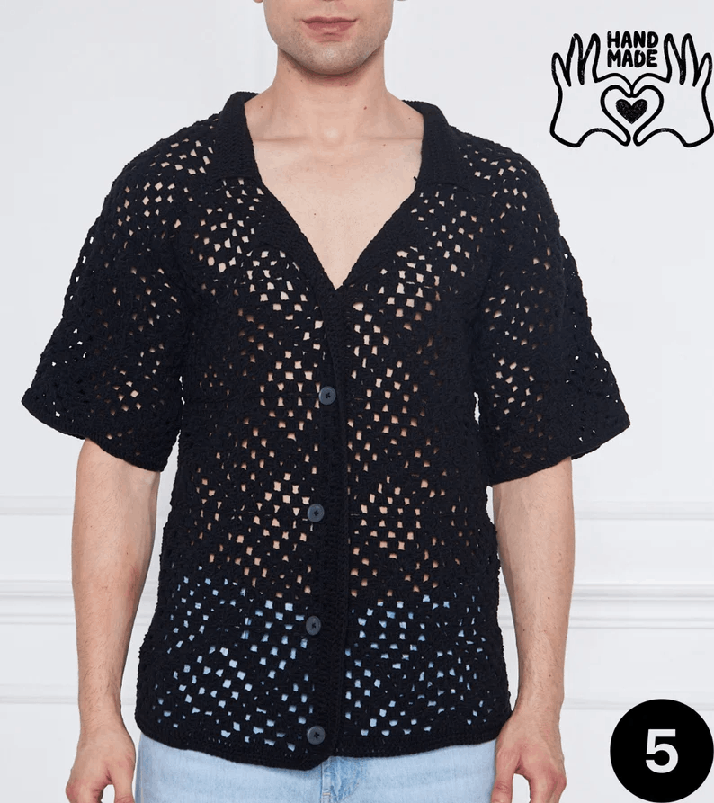 Chemise homme crochetée à la main – Manches longues unisexe style granny