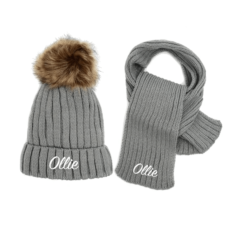 Kids Personalized Beanie with Pom Pom and scarf Winter Beanie Embroidered Knit cap ribbed scarf set Monogram Knit Warm Hat Embroidered Name
