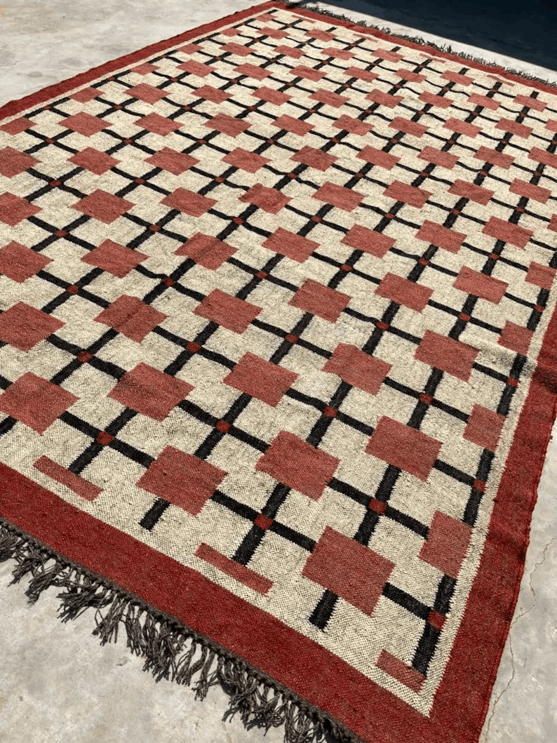 Handmade Wool Jute Kilim Rug, Kilim Rug, Wool Jute Kilim Rug, Bohemian Rug, Navajo Kilim Rug, Custom Size Rug, pink Traditional Rug,