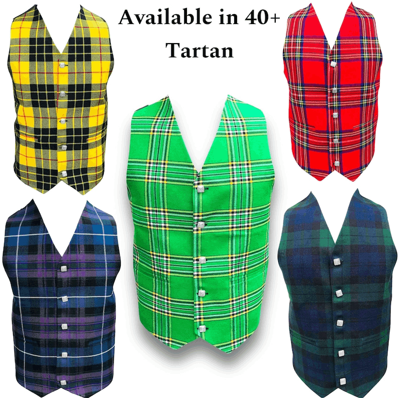Men's Handmade Scottish Tartan Waistcoat Bias Cut 5 Buttons Kilt Vest Wedding Vest in 40+ Clan Tartans
