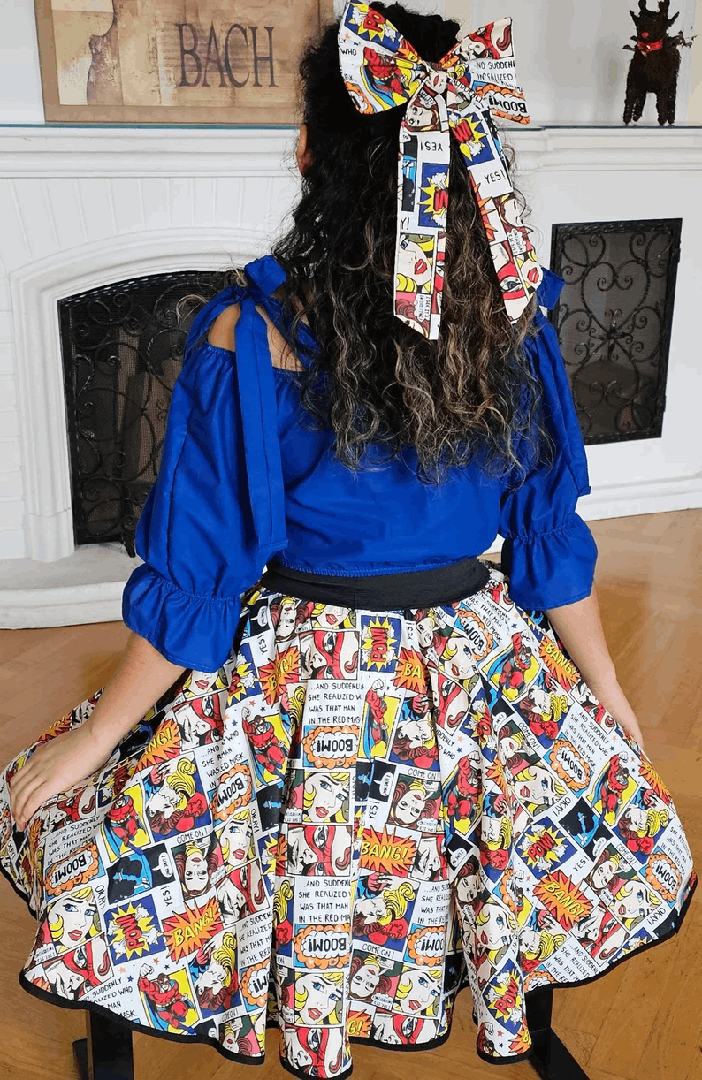 Jupe Évasée Colorée Motifs Illustrés – Fait Main, Style Rétro Pop Art