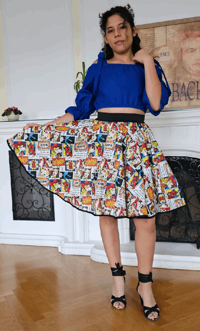 Jupe Évasée Colorée Motifs Illustrés – Fait Main, Style Rétro Pop Art