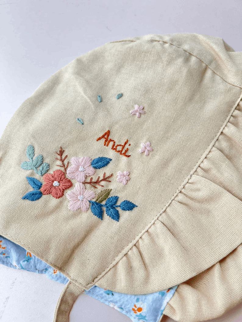 Personalized Hand Embroidered Linen Baby Bonnet With Flowers, Custom Name Linen Bonnet, Baby Sunbonnet White, Neutral Baby Gift