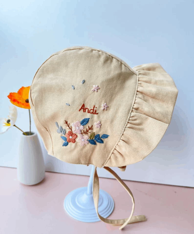 Personalized Hand Embroidered Linen Baby Bonnet With Flowers, Custom Name Linen Bonnet, Baby Sunbonnet White, Neutral Baby Gift