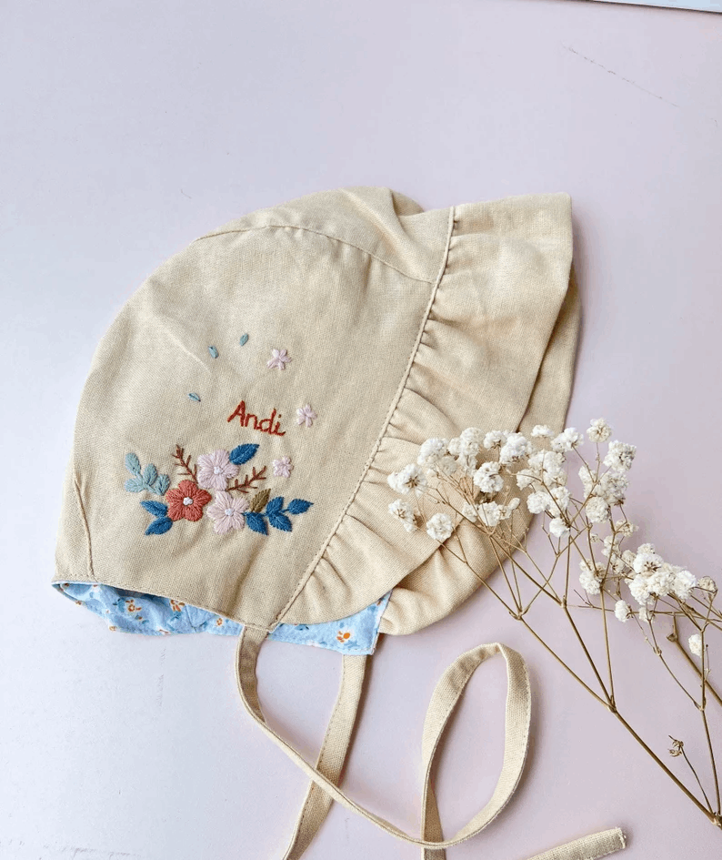 Personalized Hand Embroidered Linen Baby Bonnet With Flowers, Custom Name Linen Bonnet, Baby Sunbonnet White, Neutral Baby Gift