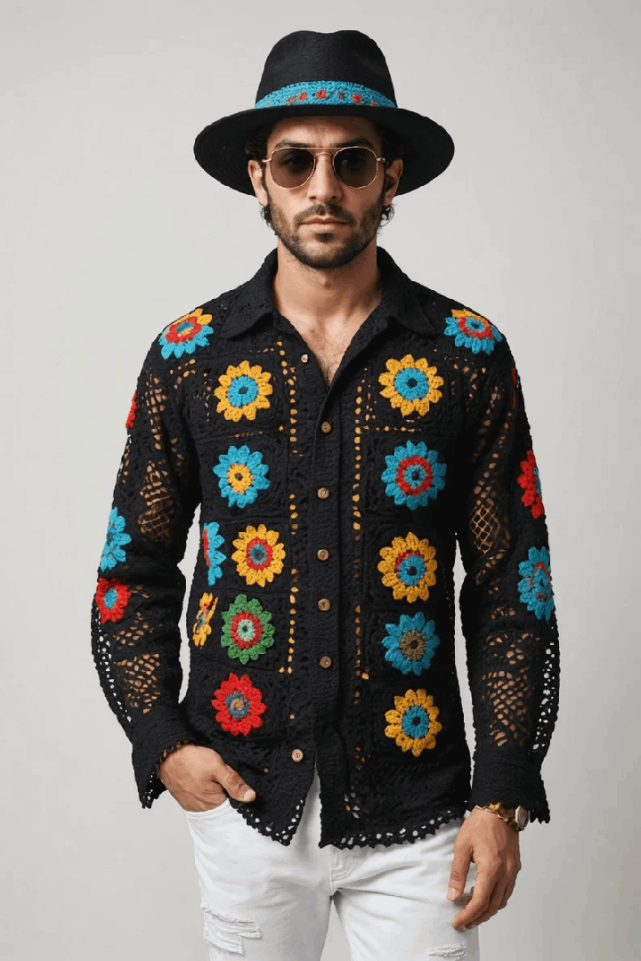 Chemise homme crochetée à la main – Manches longues unisexe style granny