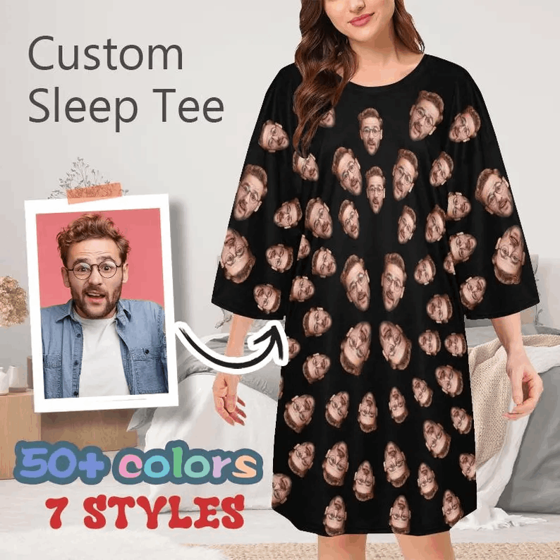 Custom Sleep Tee with Face,Personalized Women Pajama Set,Women's Oversized Sleep Tee,Birthday/Bachelor Pajama Party,Night Wear,Gift for Her