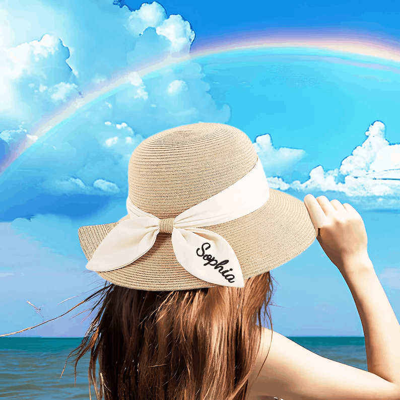Custom Name Wide Brim Sun Hat, Personalized Name Beach Hat, Women Sun Hat, Monogrammed Hats, Women Summer Hat, Bridesmaid Gift