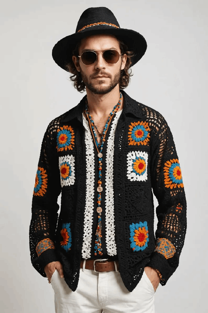 Chemise homme crochetée à la main – Manches longues unisexe style granny