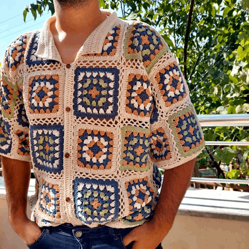 Chemise crochetée style ethnique coloré