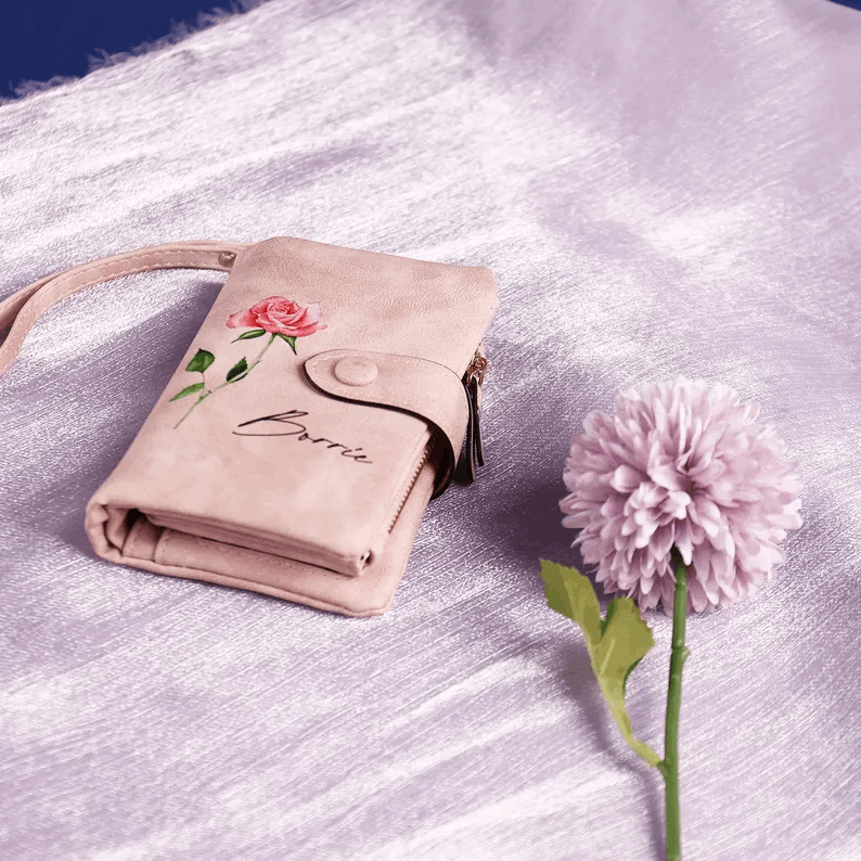 Personalized women's leather wallet custom birth flower&name women’s wallet,gifts for mom,gifts for her,handmade wallet gift