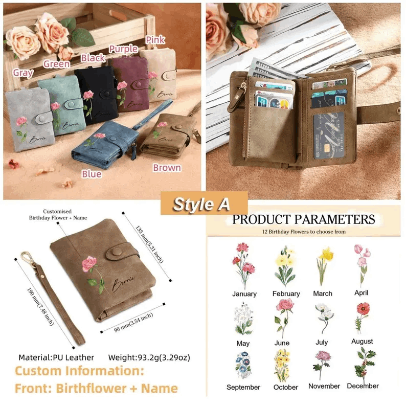 Personalized women's leather wallet custom birth flower&name women’s wallet,gifts for mom,gifts for her,handmade wallet gift