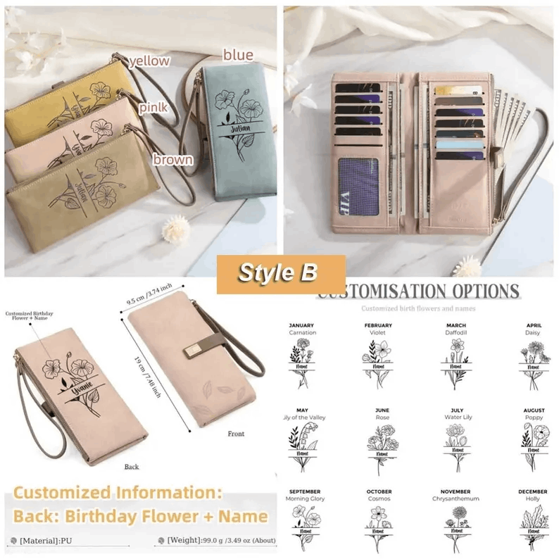 Personalized women's leather wallet custom birth flower&name women’s wallet,gifts for mom,gifts for her,handmade wallet gift