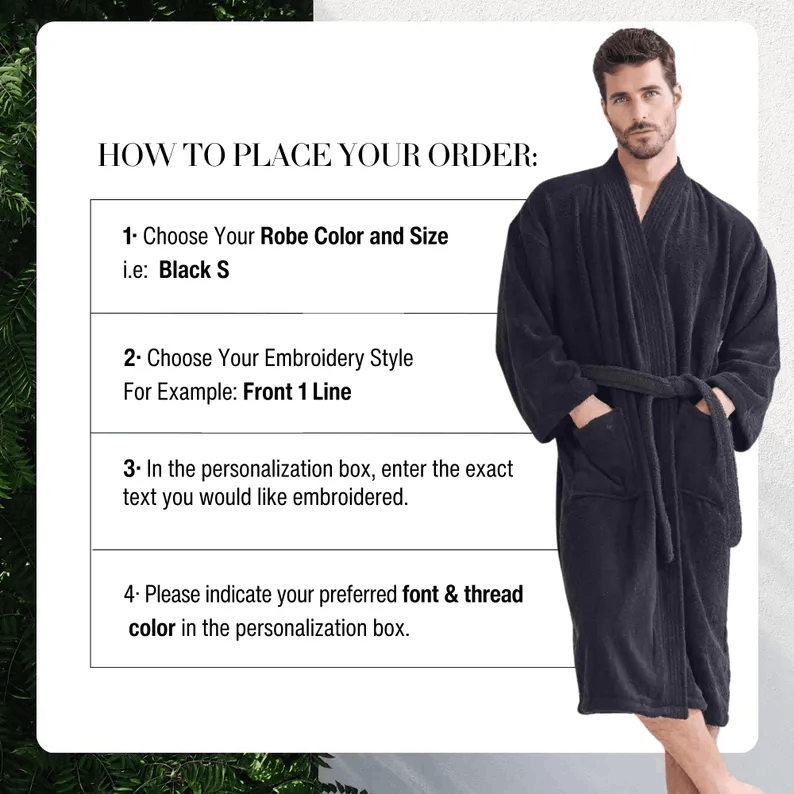 Custom Turkish Towel Robe for Men, Spa Bathrobe 100% Cotton Terry Cloth, Embroidered Gift for Him & Her, 2nd Anniversary Present