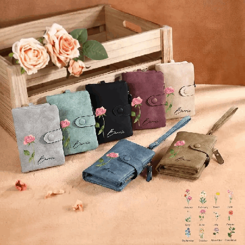 Personalized women's leather wallet custom birth flower&name women’s wallet,gifts for mom,gifts for her,handmade wallet gift