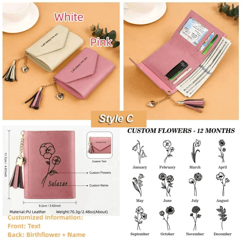 Personalized women's leather wallet custom birth flower&name women’s wallet,gifts for mom,gifts for her,handmade wallet gift