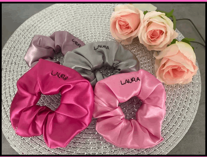 Medium Satin Scrunchies | Embroidered Personalised Name Gifts Hair Tie Custom | Hair Silk Scrunchies | | Bridesmaid | Free Gift Bag |Girls