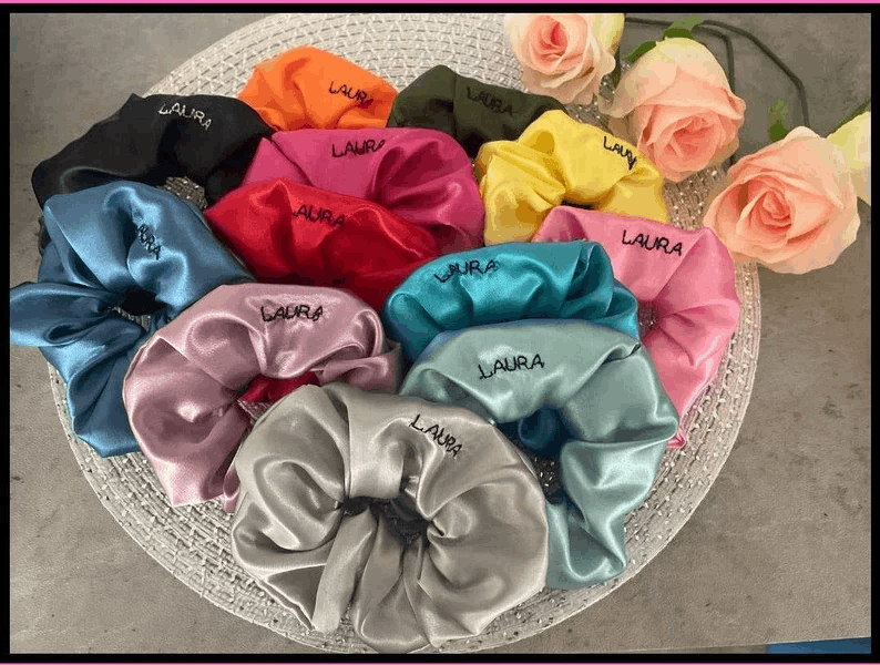 Medium Satin Scrunchies | Embroidered Personalised Name Gifts Hair Tie Custom | Hair Silk Scrunchies | | Bridesmaid | Free Gift Bag |Girls
