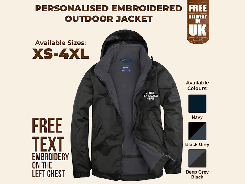 Personalised Embroidered Zip up Jacket, Custom Text/Logo Monogram Outdoor Jacket, Any Text Workwear Waterproof Hooded Jacket, Team Jackets