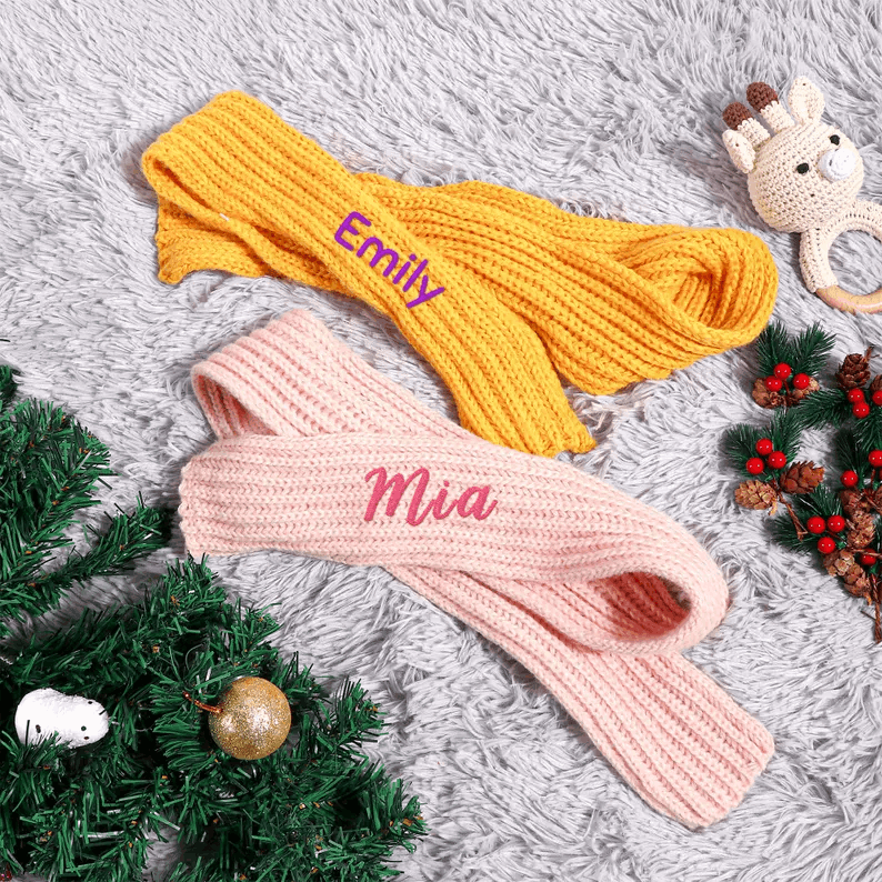 Custom Knitted Kids Winter Scarf, Handmade Kid Name Scarf, Gift for Kid, Girls Scarf, Baby Gifts, Embroidered Knit Scarves, Birthday gift