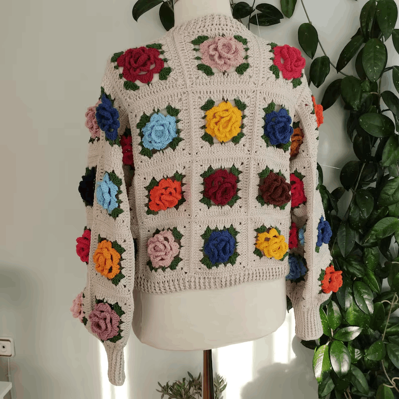 Handmade 3D Rose Crochet Cardigan, Vintage Floral Knit Sweater, Boho Women’s Jacket, Spring Fashion Gift