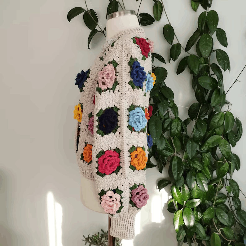 Handmade 3D Rose Crochet Cardigan, Vintage Floral Knit Sweater, Boho Women’s Jacket, Spring Fashion Gift
