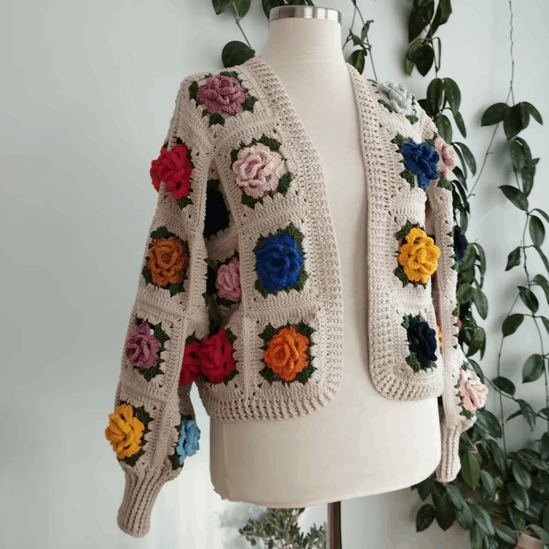 Handmade 3D Rose Crochet Cardigan, Vintage Floral Knit Sweater, Boho Women’s Jacket, Spring Fashion Gift