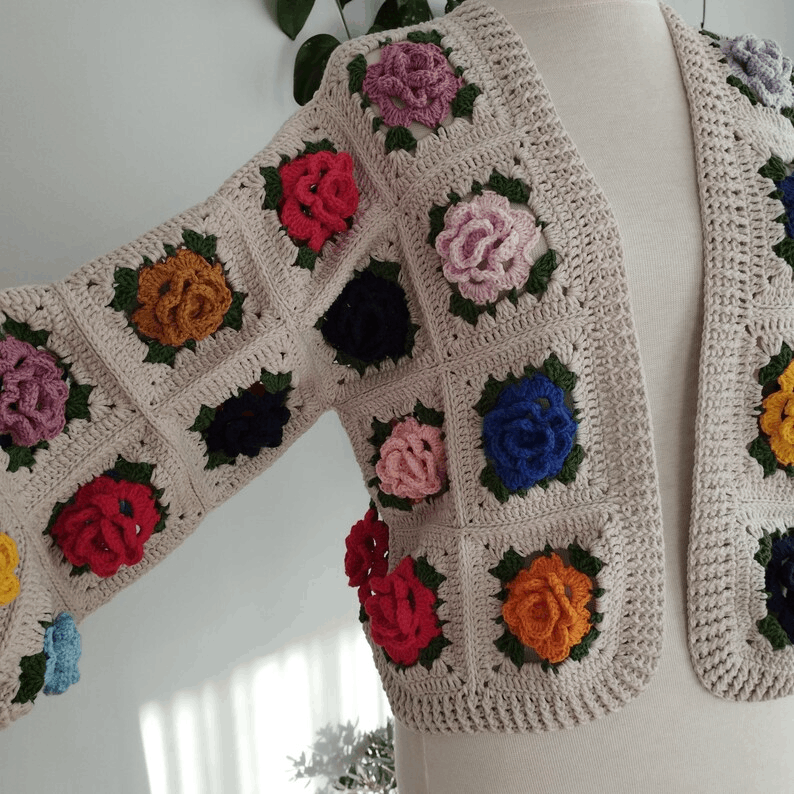 Handmade 3D Rose Crochet Cardigan, Vintage Floral Knit Sweater, Boho Women’s Jacket, Spring Fashion Gift