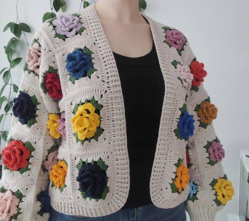 Handmade 3D Rose Crochet Cardigan, Vintage Floral Knit Sweater, Boho Women’s Jacket, Spring Fashion Gift