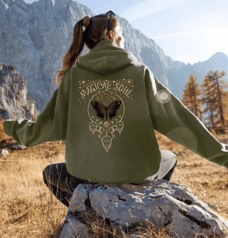 Mystical Butterfly Hoodie Mushroom Hoodie Green Witch Hoodie Nature Hoodie Celestial Fairycore Goblincore Clothing Aesthetic Witchy Clothes