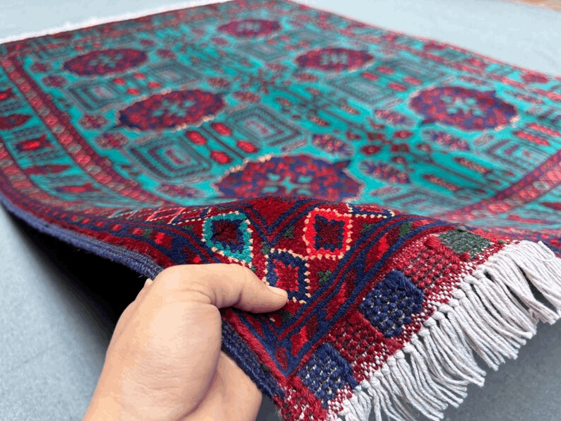 Handmade Turquoise and Red Rug,Luxurious Handmade Oriental Rug,Traditional Persian-Style Wool Rug,Afghan Living room rug,Turkish Area rug