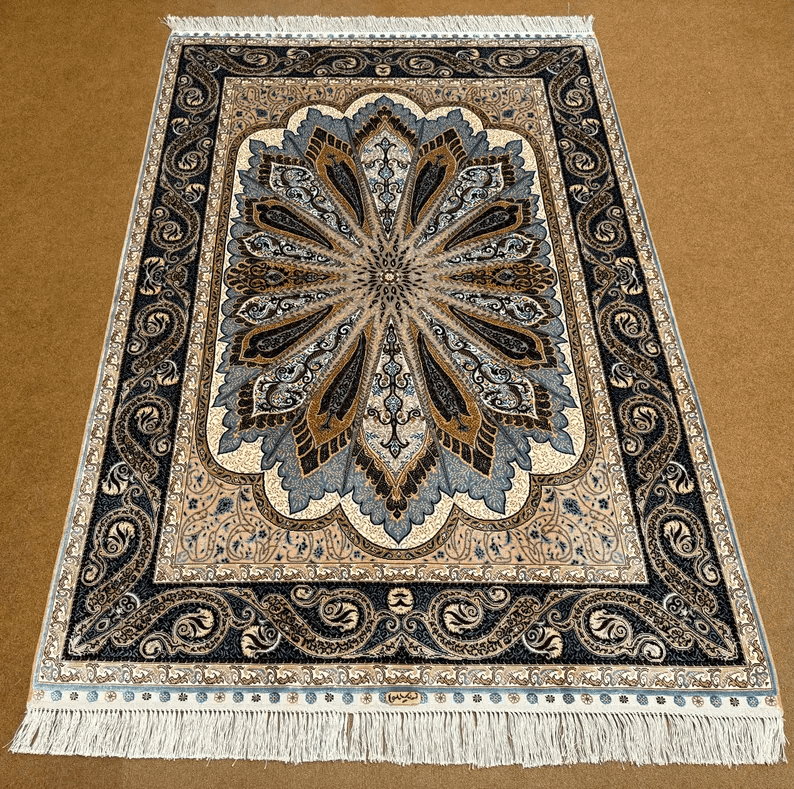 Handmade Original Silk Rug–Persian Floral Design,Original Handmade Silk Rug – Intricate Floral Design 4x5,Small Persian Design Masterpiece