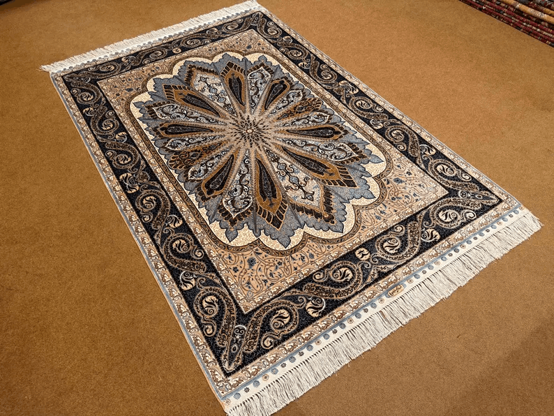 Handmade Original Silk Rug–Persian Floral Design,Original Handmade Silk Rug – Intricate Floral Design 4x5,Small Persian Design Masterpiece