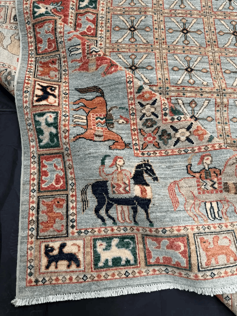 Handmade Persian Rug |Horse and Animal Motif Wool Carpet,Traditional Oriental Decor,Pazyryk Rug,Handwoven Horse Motif Rug,Unique Tribal Rug