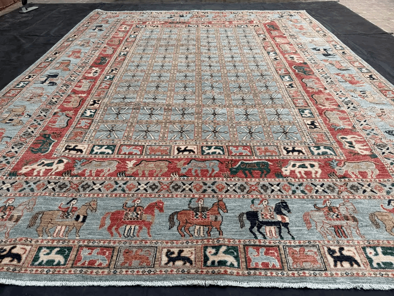 Handmade Persian Rug |Horse and Animal Motif Wool Carpet,Traditional Oriental Decor,Pazyryk Rug,Handwoven Horse Motif Rug,Unique Tribal Rug