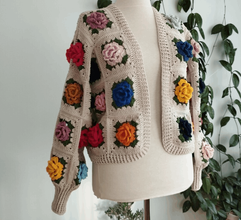 Handmade 3D Rose Crochet Cardigan, Vintage Floral Knit Sweater, Boho Women’s Jacket, Spring Fashion Gift