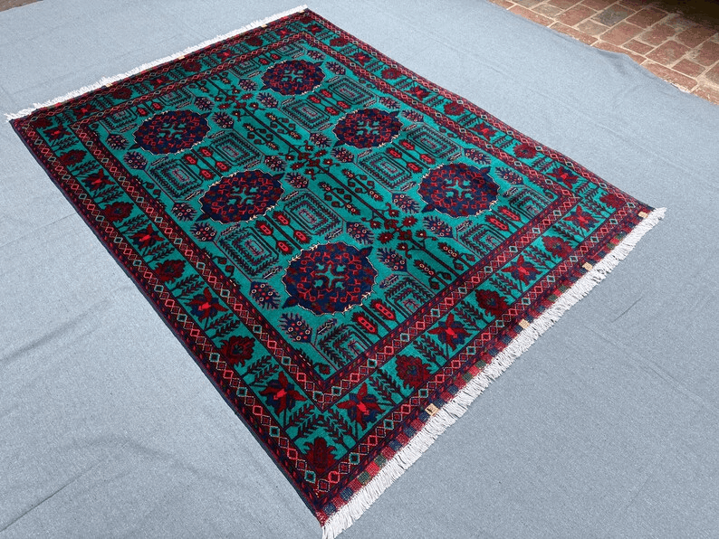 Handmade Turquoise and Red Rug,Luxurious Handmade Oriental Rug,Traditional Persian-Style Wool Rug,Afghan Living room rug,Turkish Area rug